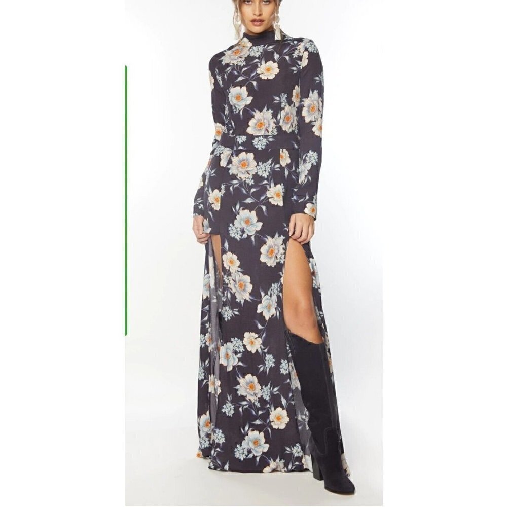 New Flynn Skye Cedar Maxi Dress Womens L Midnight Flora High Neck